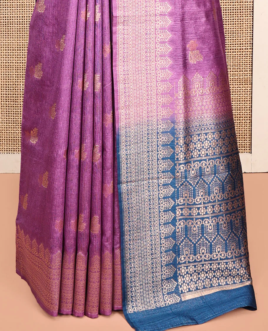 Purple Matka Silk Saree, Adorned with Buttas All Over Its Body, Highlighted by a Self-Border of Traditional Designs, Intricately Designed Pallu, and Paired with Contrast Blouse - Image 4