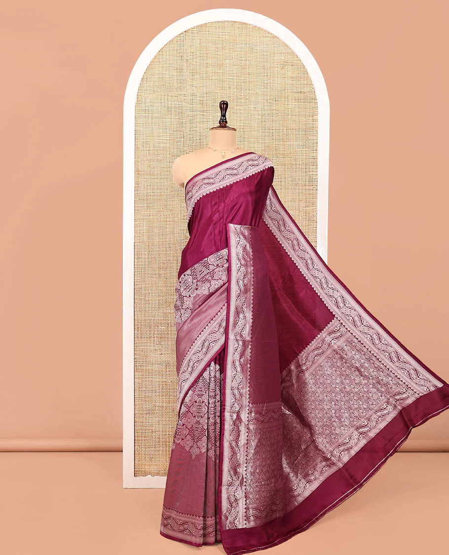Purple Matka Silk Saree, Richly Detailed with Skirt-Border-Style Geometric Zari Patterns On Its Body, Highlighted by Zari Border, Grandly Zari Woven Pallu, and Paired with a Contrast Blouse