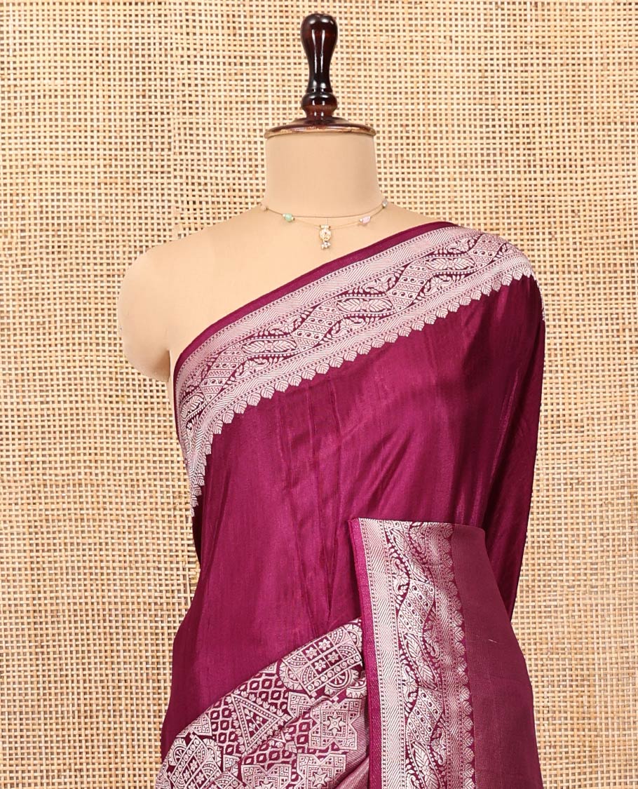 Purple Matka Silk Saree, Richly Detailed with Skirt-Border-Style Geometric Zari Patterns On Its Body, Highlighted by Zari Border, Grandly Zari Woven Pallu, and Paired with a Contrast Blouse - Image 2