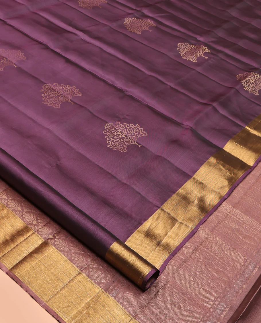 Purple Mayuri Lite Silk Mix Saree, Beautifully Bedecked with Zari Buttas All Over Its Body, Highlighted by Zari Bavanji Border, Complemented by Contrast Pallu of Intricate Designs, and Paired with a Contrast Blouse - Image 2
