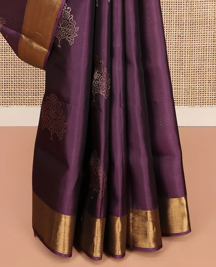 Purple Mayuri Lite Silk Mix Saree, Beautifully Bedecked with Zari Buttas All Over Its Body, Highlighted by Zari Bavanji Border, Complemented by Contrast Pallu of Intricate Designs, and Paired with a Contrast Blouse - Image 4