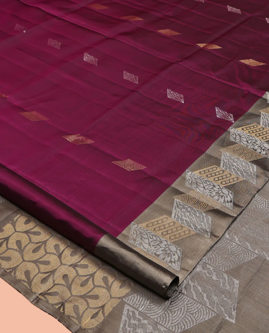 Purple Mayuri Lite Silk Mix Saree, Embellished with Diamond Buttas All Over Its Body, Complemented by a Contrast Geometric Checked Border, Pallu of Intricate Designs, and Paired with a Contrast Blouse - Image 2