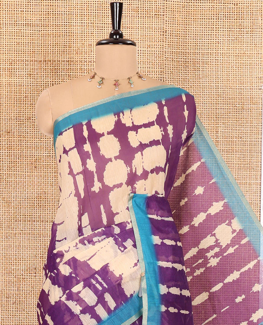 Purple Mercerised Cotton Saree, Bedecked with Shibori Printed on Its Body, Complemented by a Contrast Border, Pallu Steeped with Colorful Floral Print, and Paired with a Contrast Printed Blouse - Image 2
