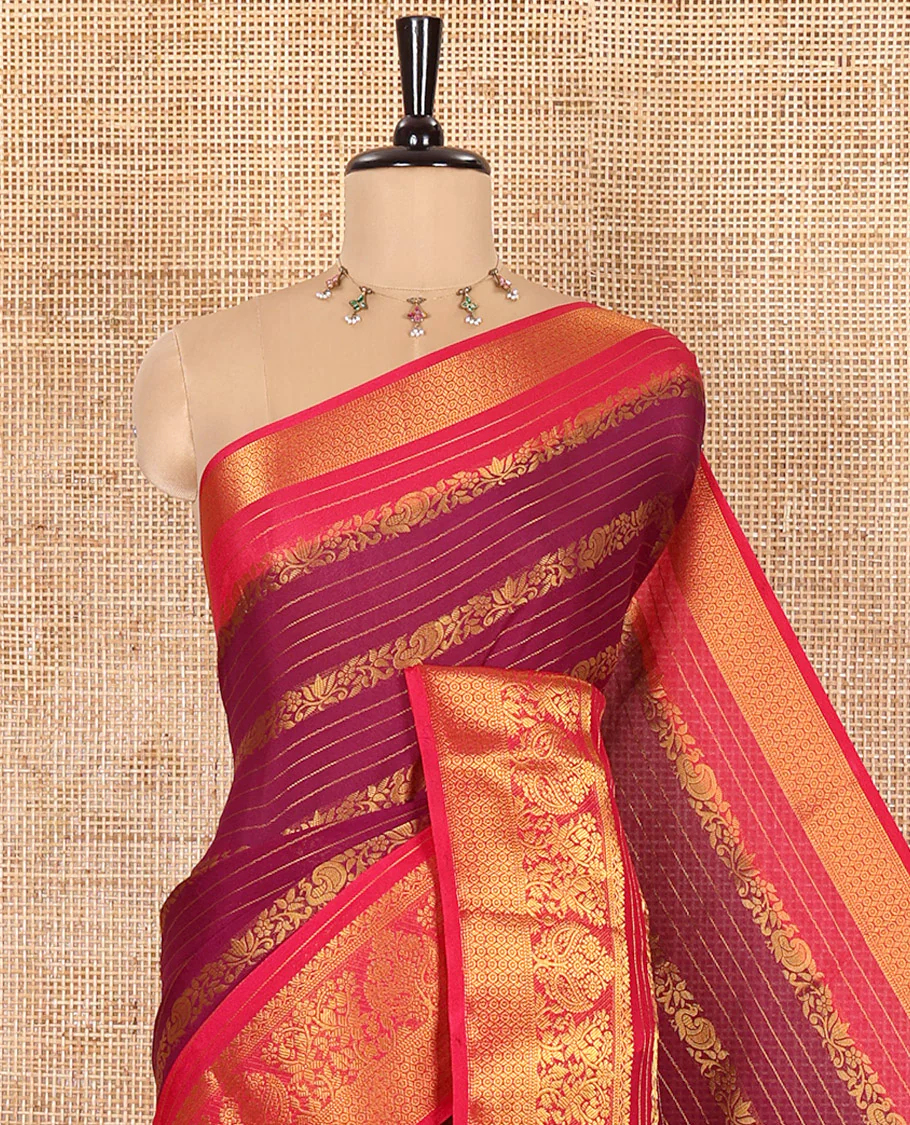 Purple Moss Chiffon Saree, Mesmerized with Horizontal Stripes, Peacock, and Floral Buttas All Over Its Body, Complemented by a Contrast Traditional Zari Border, Pallu Mirrors the Same Design, and Paired with a Contrast Floral-Paisley Blouse - Image 2