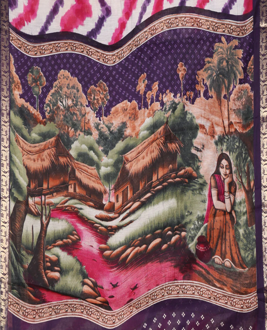Purple Muslin Cotton Saree Adorned with Zig-Zag Shibori Patterns Prints, Complemented by a Contrast Border of Deer Motifs in Zari, Pallu Decked Up with Scenery Print, and Paired with a Contrast Polka Dots Printed Blouse - Image 3
