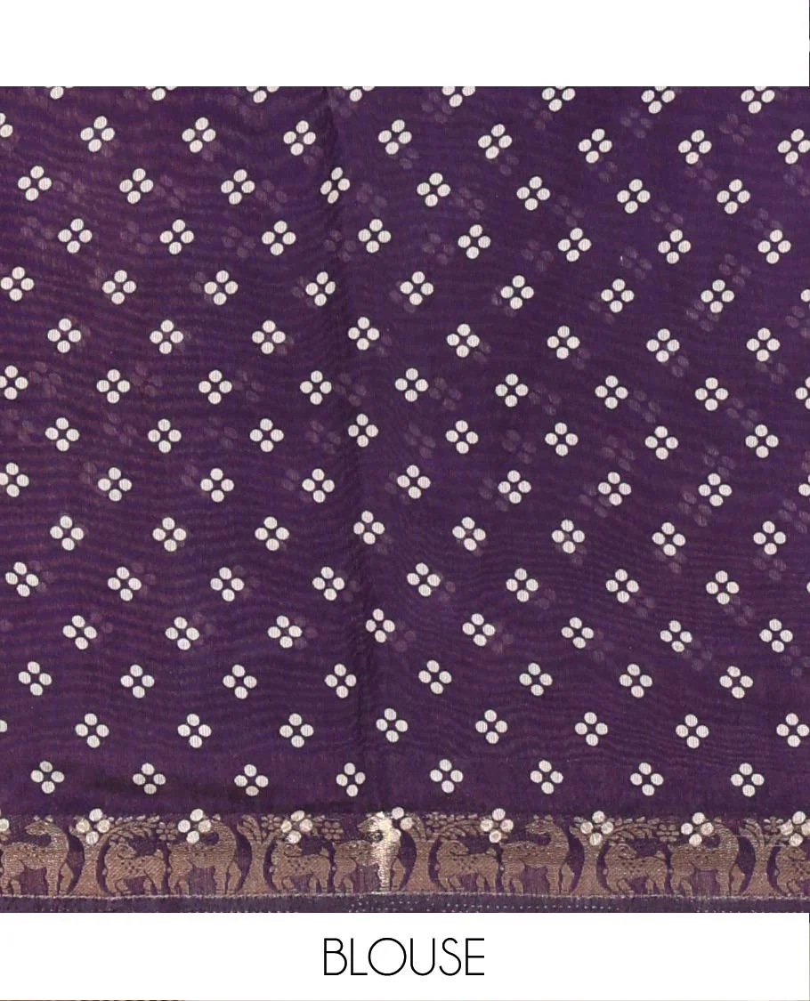 Purple Muslin Cotton Saree Adorned with Zig-Zag Shibori Patterns Prints, Complemented by a Contrast Border of Deer Motifs in Zari, Pallu Decked Up with Scenery Print, and Paired with a Contrast Polka Dots Printed Blouse - Image 4