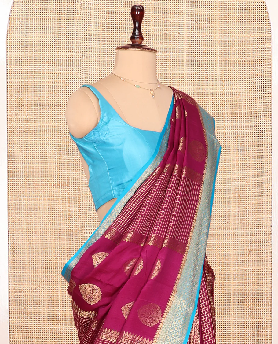 Purple Mysore Silk Saree, Decked Up with Zari Designs All Over Its Body, Complemented by Captivating Contrast Border of Traditional Zari Designs, Gleaming Zari Striped Pallu, and Paired with a Contrast Blouse - Image 2