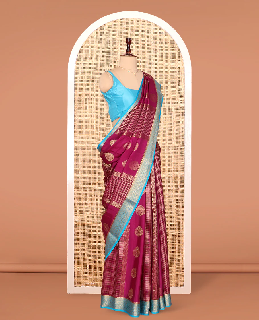 Purple Mysore Silk Saree, Decked Up with Zari Designs All Over Its Body, Complemented by Captivating Contrast Border of Traditional Zari Designs, Gleaming Zari Striped Pallu, and Paired with a Contrast Blouse - Image 3