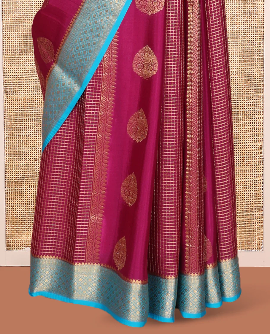 Purple Mysore Silk Saree, Decked Up with Zari Designs All Over Its Body, Complemented by Captivating Contrast Border of Traditional Zari Designs, Gleaming Zari Striped Pallu, and Paired with a Contrast Blouse - Image 4