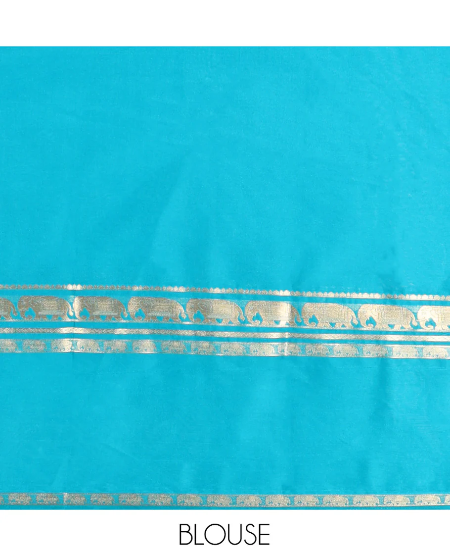 Purple Plain Art Mysore Silk Saree, Complemented by Captivating Contrast Rettai Pettu Traditional Border of Elephant Zari Buttas, Striped Pallu, and Paired with a Contrast Blouse - Image 4