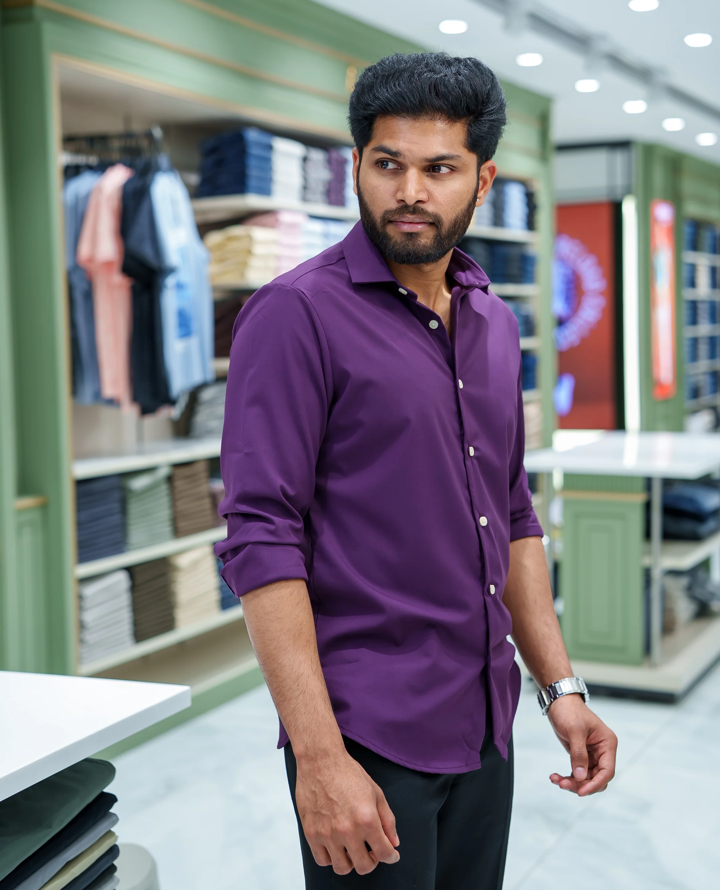Purple Plain Cotton Blended Casual Liquid Shirt, Featuring a Spread Collar, Full Sleeves, Slim Fit, and Regular Length - Image 4