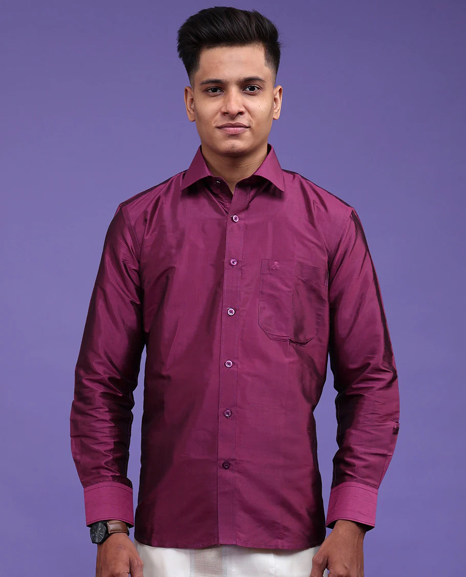 Purple plain design full-sleeve pure-silk shirt - Image 13