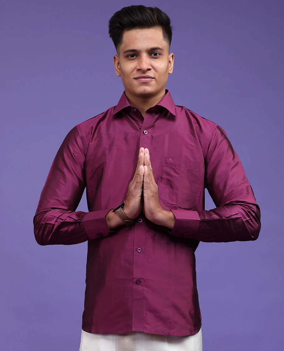 Purple plain design full-sleeve pure-silk shirt - Image 15