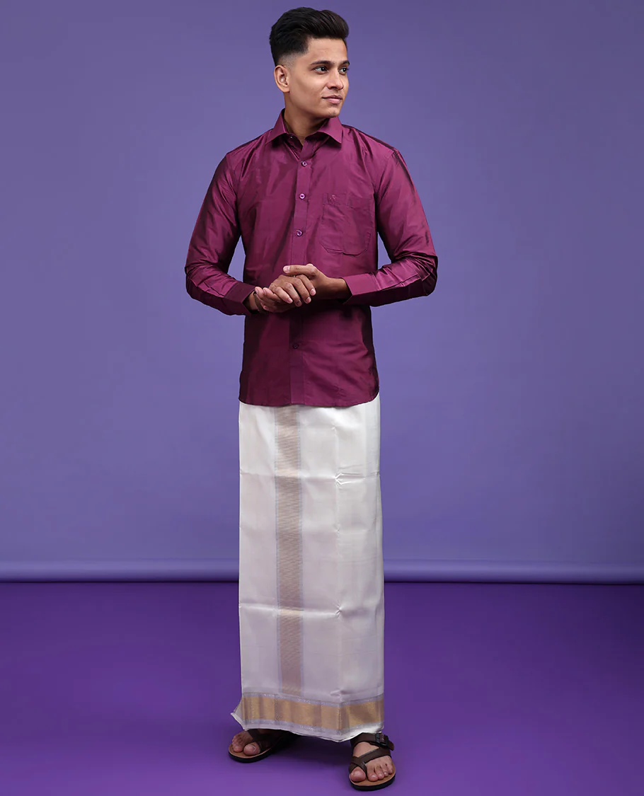 Purple plain design full-sleeve pure-silk shirt - Image 22