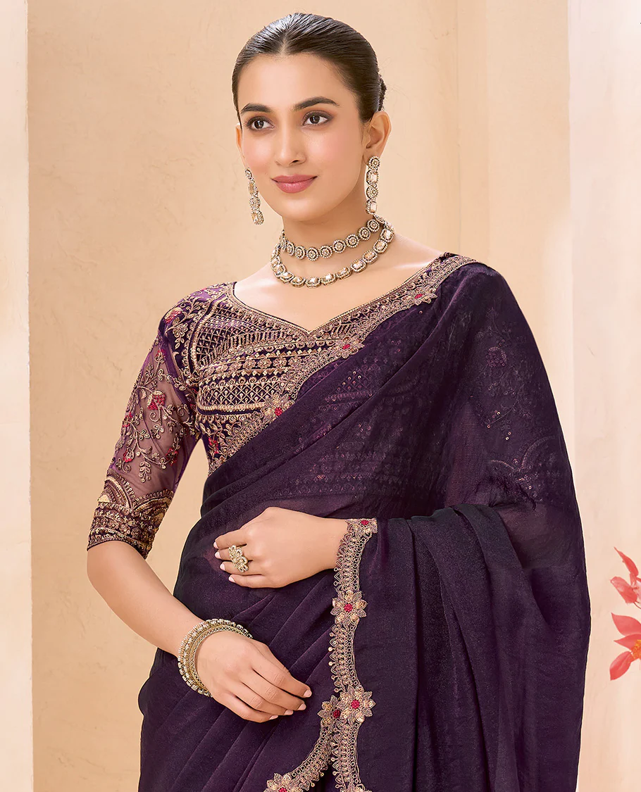 Purple Plain Designer Saree, Scallop Embroidered Border, a Self-Pallu, and Paired with a Contrast Intricately Embroidered Blouse - Image 2