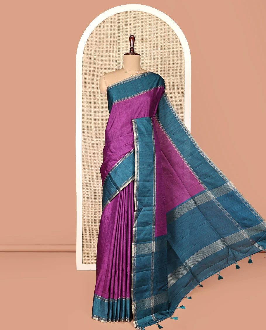Purple Plain Semi-Tussar Silk Saree, Complemented by a Contrast Geometric Design Border, Subtly Zari Striped Pallu, and Paired with a Contrast Patola Printed Blouse - Image 3