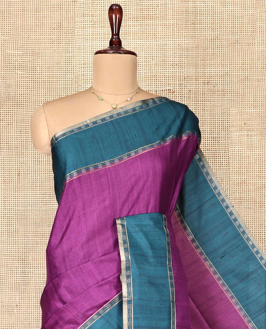 Purple Plain Semi-Tussar Silk Saree, Complemented by a Contrast Geometric Design Border, Subtly Zari Striped Pallu, and Paired with a Contrast Patola Printed Blouse - Image 4