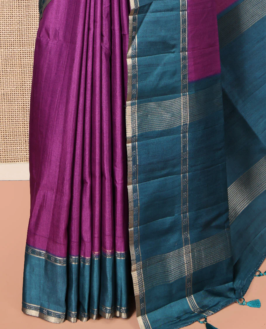 Purple Plain Semi-Tussar Silk Saree, Complemented by a Contrast Geometric Design Border, Subtly Zari Striped Pallu, and Paired with a Contrast Patola Printed Blouse - Image 5