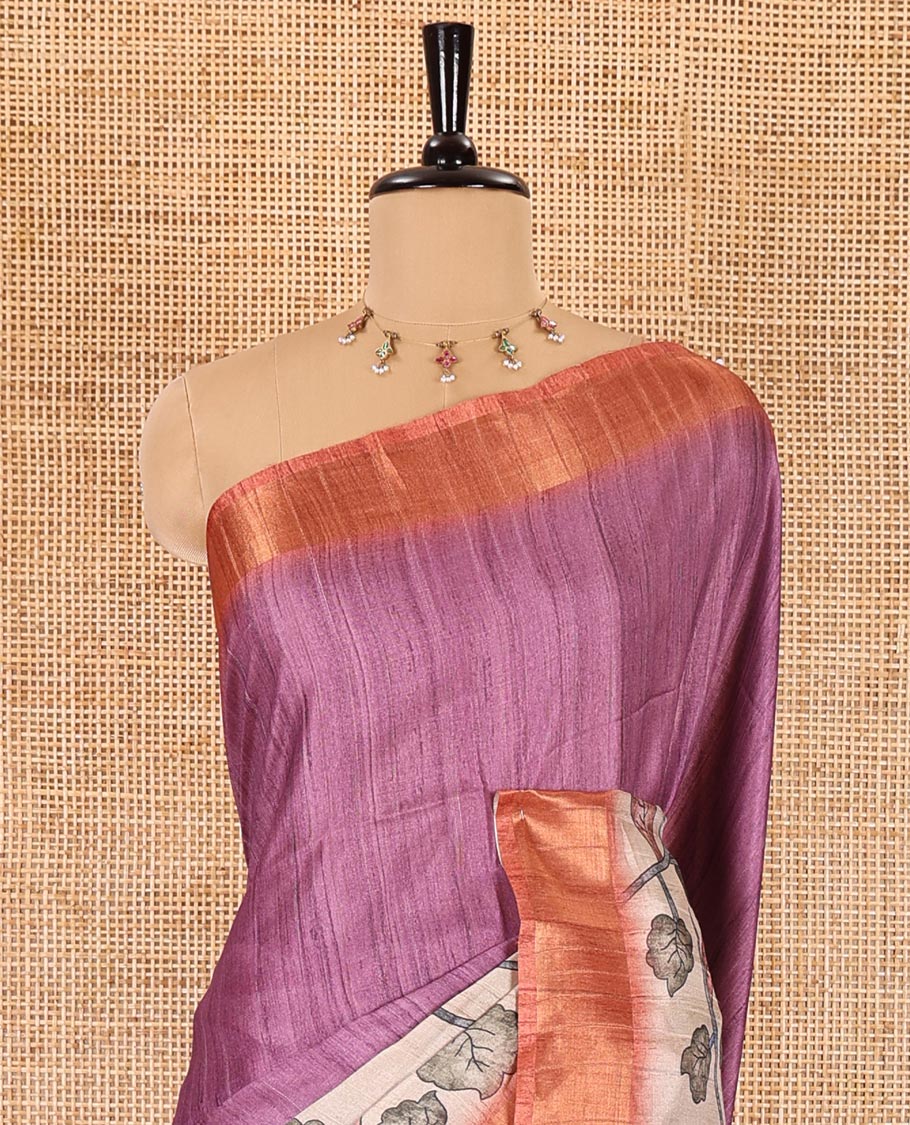 Purple plain fancy tussar saree, contrast floral printed border, floral vine printed pallu, and a contrast plain blouse - Image 3