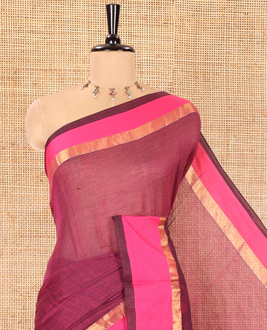 Purple  Plain Khadi Mul Cotton Saree, Complemented by a Contrast Pink Zari Border, Plain Pallu, and Paired with a Matching Blouse - Image 2