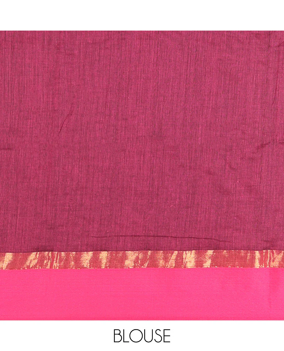 Purple  Plain Khadi Mul Cotton Saree, Complemented by a Contrast Pink Zari Border, Plain Pallu, and Paired with a Matching Blouse - Image 3