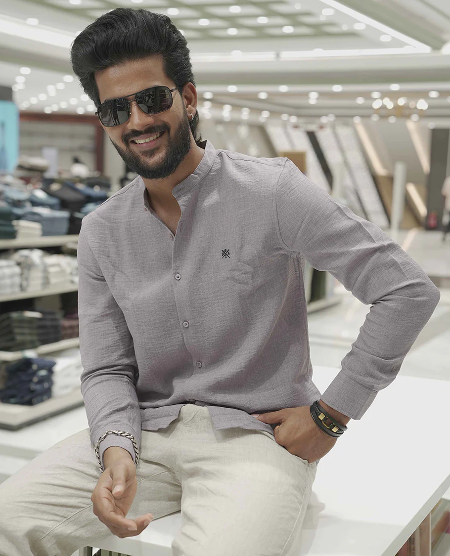 Lavender Plain Korean Linen-Blended Casual Shirt, Comes with a Mandarin Collar, Full-Sleeves, Slim Fit, and Regular Length - Image 2
