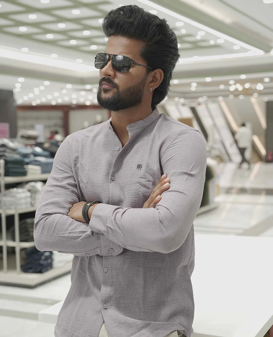 Lavender Plain Korean Linen-Blended Casual Shirt, Comes with a Mandarin Collar, Full-Sleeves, Slim Fit, and Regular Length - Image 3