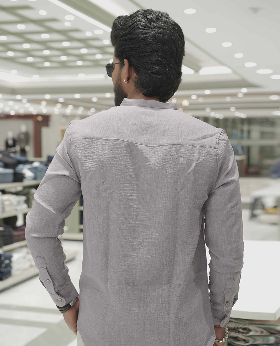 Lavender Plain Korean Linen-Blended Casual Shirt, Comes with a Mandarin Collar, Full-Sleeves, Slim Fit, and Regular Length - Image 4