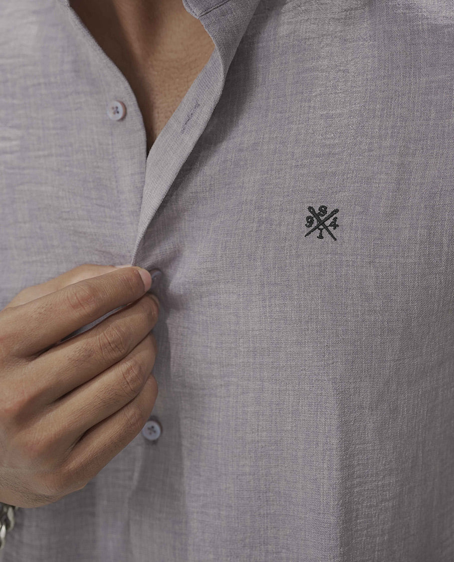 Lavender Plain Korean Linen-Blended Casual Shirt, Comes with a Mandarin Collar, Full-Sleeves, Slim Fit, and Regular Length - Image 5