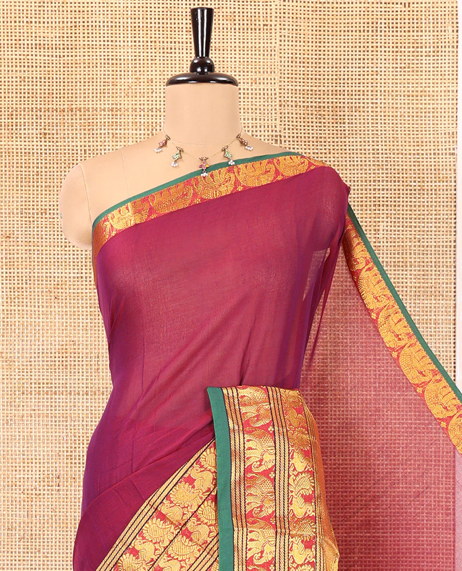 Purple Plain Mercerised Cotton Saree, Complemented by a Contrast Traditional Border of Peacock, Elephant, and Peacock Eye Designs, Striped Pallu, and Paired with a Matching Blouse - Image 2