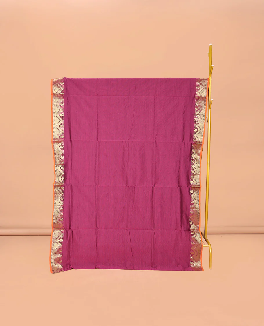 Purple Plain Poly Cotton Saree, Complemented by Contrast Traditional Zari Design Border, Pallu of Stripes, and Paired with a Contrast Blouse