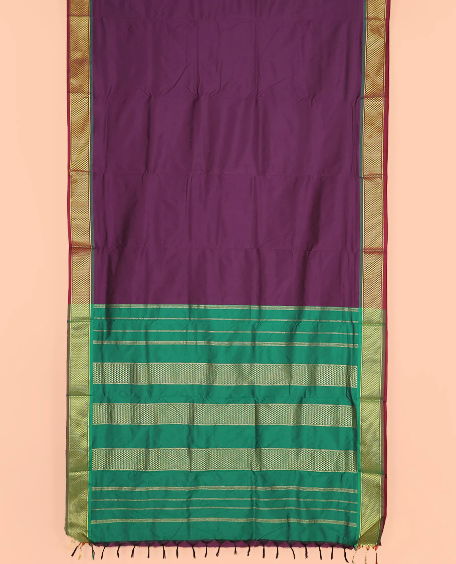Purple Plain Ten-Yard Art Silk Saree, Complemented by a Contrast Traditional Ara Maadam Border, and Pallu Elevated with Traditional Ara Maadam and Zari Designs - Image 2
