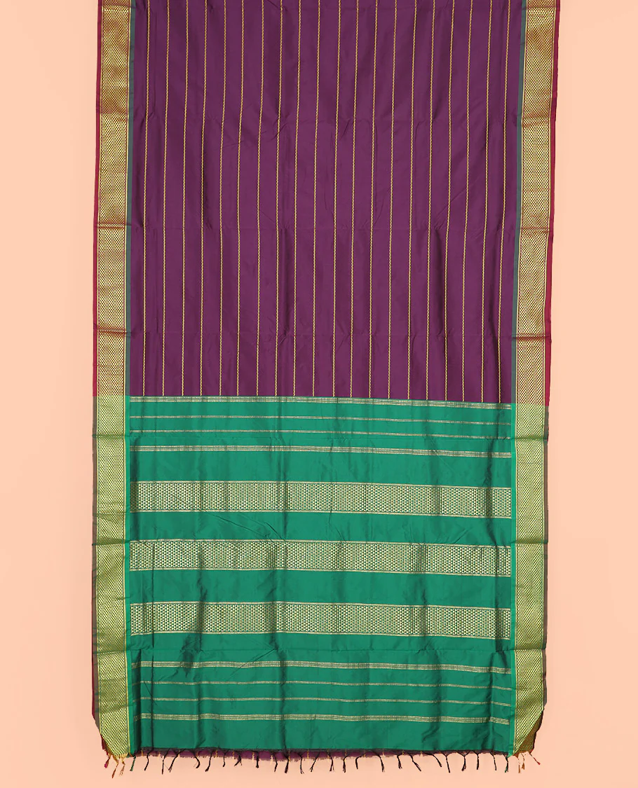 Purple Plain Ten-Yard Art Silk Saree Elevated with Neli Stripes, Complemented by a Contrast Traditional Ara Maadam Border, and Pallu Featuring Traditional Ara Maadam and Zari Designs - Image 2