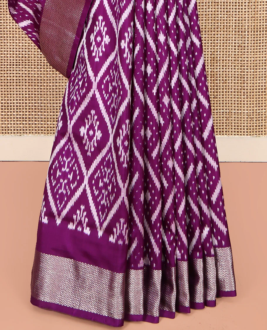 Purple Pochampally Ikat Silk Saree, Accentuated with Ikat Geometric Designs on Its Body, Highlighted by a Zari Chevron Border, Pallu of Ogee Pattern in Ikkat Weave, and Paired with a Matching Blouse - Image 4