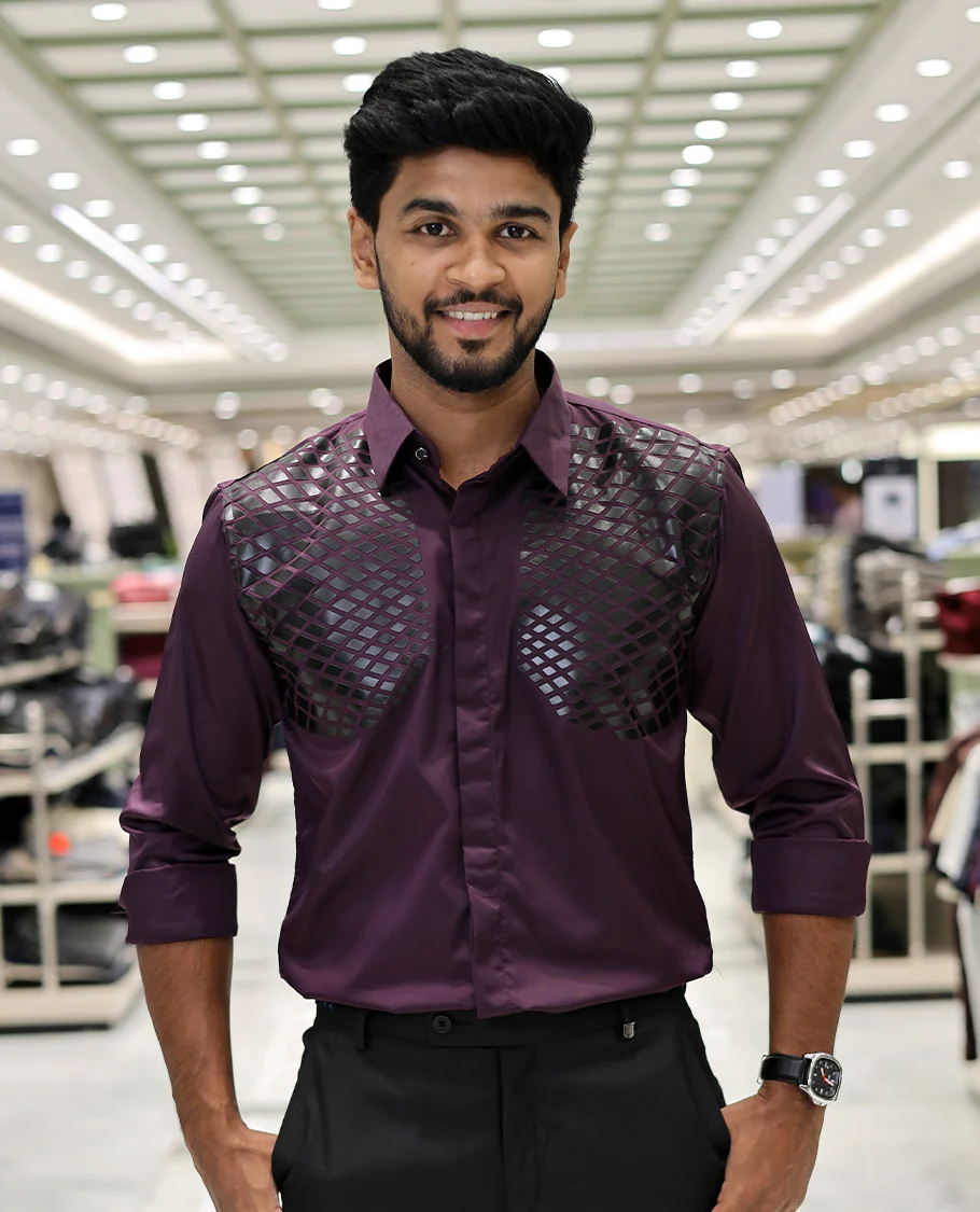 Purple Poly-Blended Party Wear Shirt, Features Geometric Flock Print, Full Sleeves, Spread Collar, Slim Fit, and Regular Length