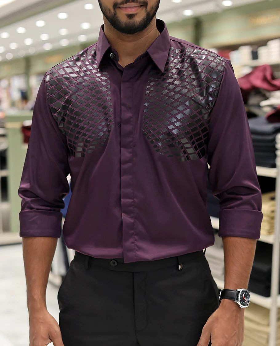 Purple Poly-Blended Party Wear Shirt, Features Geometric Flock Print, Full Sleeves, Spread Collar, Slim Fit, and Regular Length - Image 5