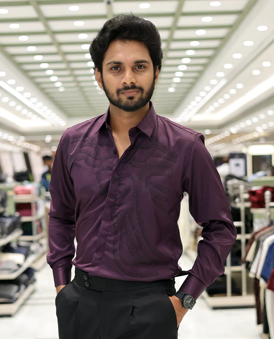 Purple Poly-Blended Party Wear Shirt, Features Vines-Themed Stone Work, Full Sleeves, a Spread Collar, Slim Fit, and Regular Length - Image 2