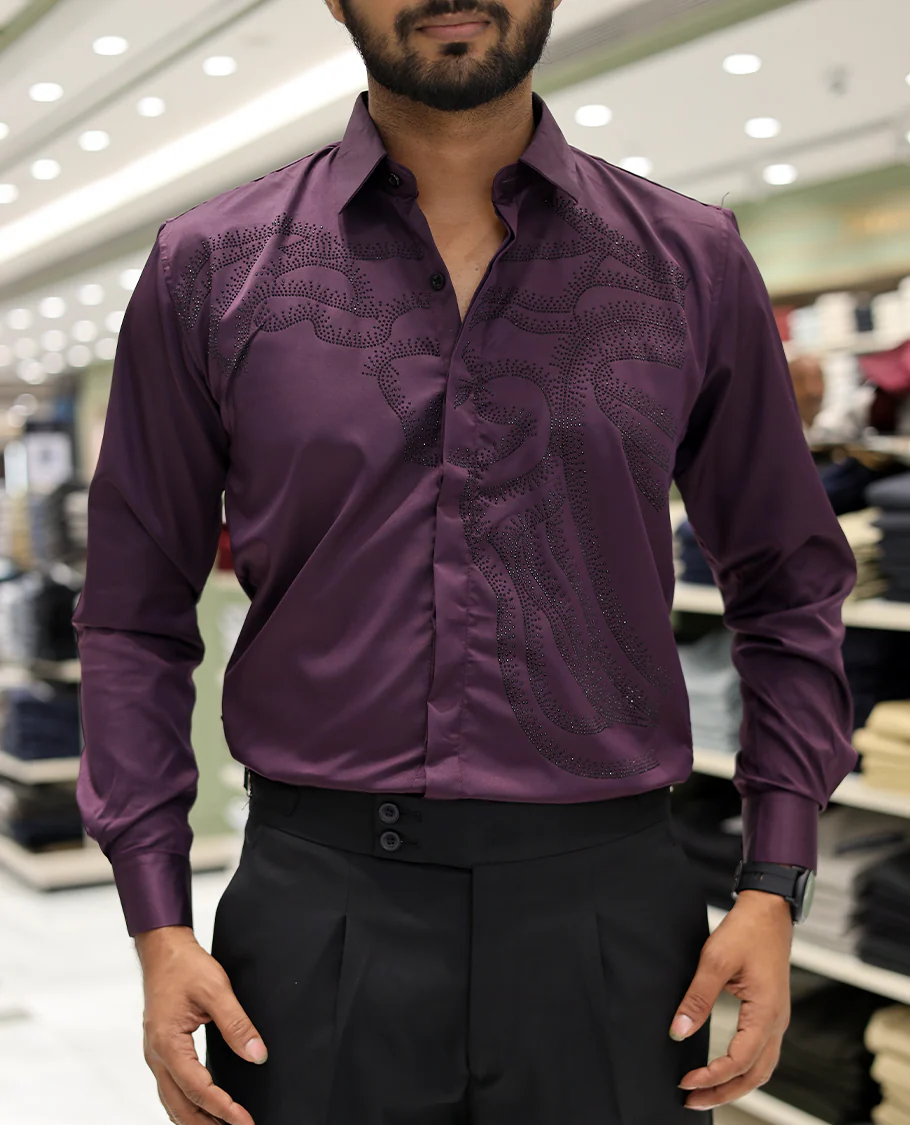Purple Poly-Blended Party Wear Shirt, Features Vines-Themed Stone Work, Full Sleeves, a Spread Collar, Slim Fit, and Regular Length - Image 5