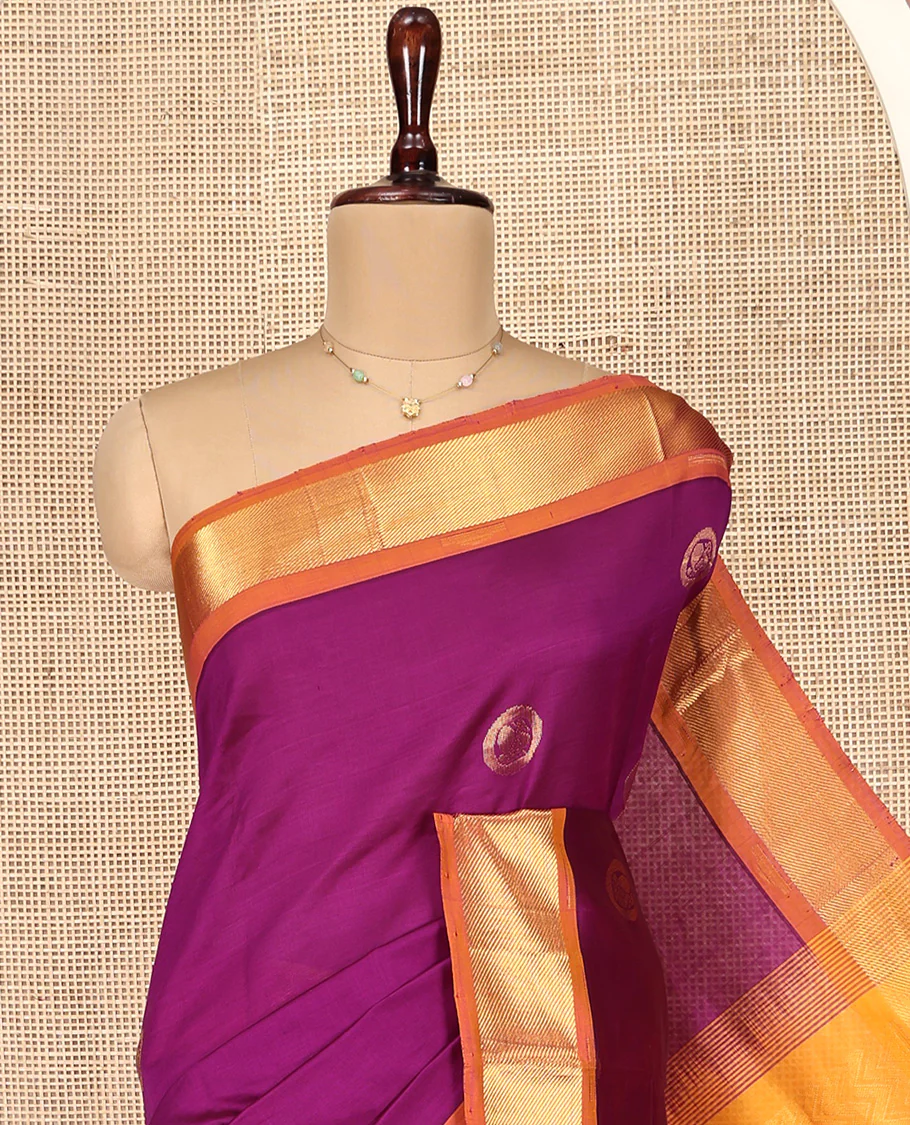 Purple Poly Cotton Saree, Adorned with Buttas all over its Body, Complemented by Contrast Zari Border, Chevron Striped Pallu, and Paired with a Contrast Blouse - Image 2