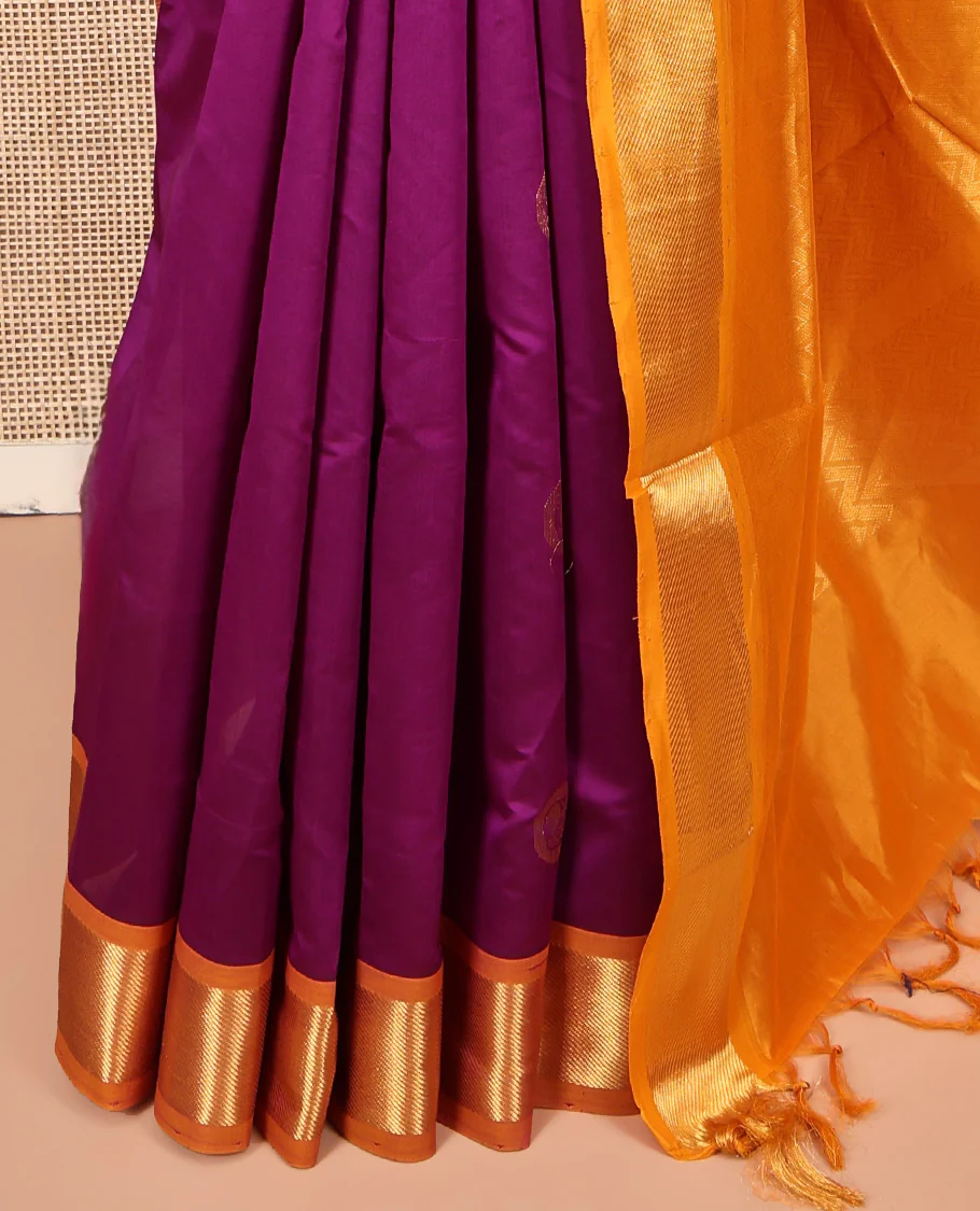 Purple Poly Cotton Saree, Adorned with Buttas all over its Body, Complemented by Contrast Zari Border, Chevron Striped Pallu, and Paired with a Contrast Blouse - Image 3