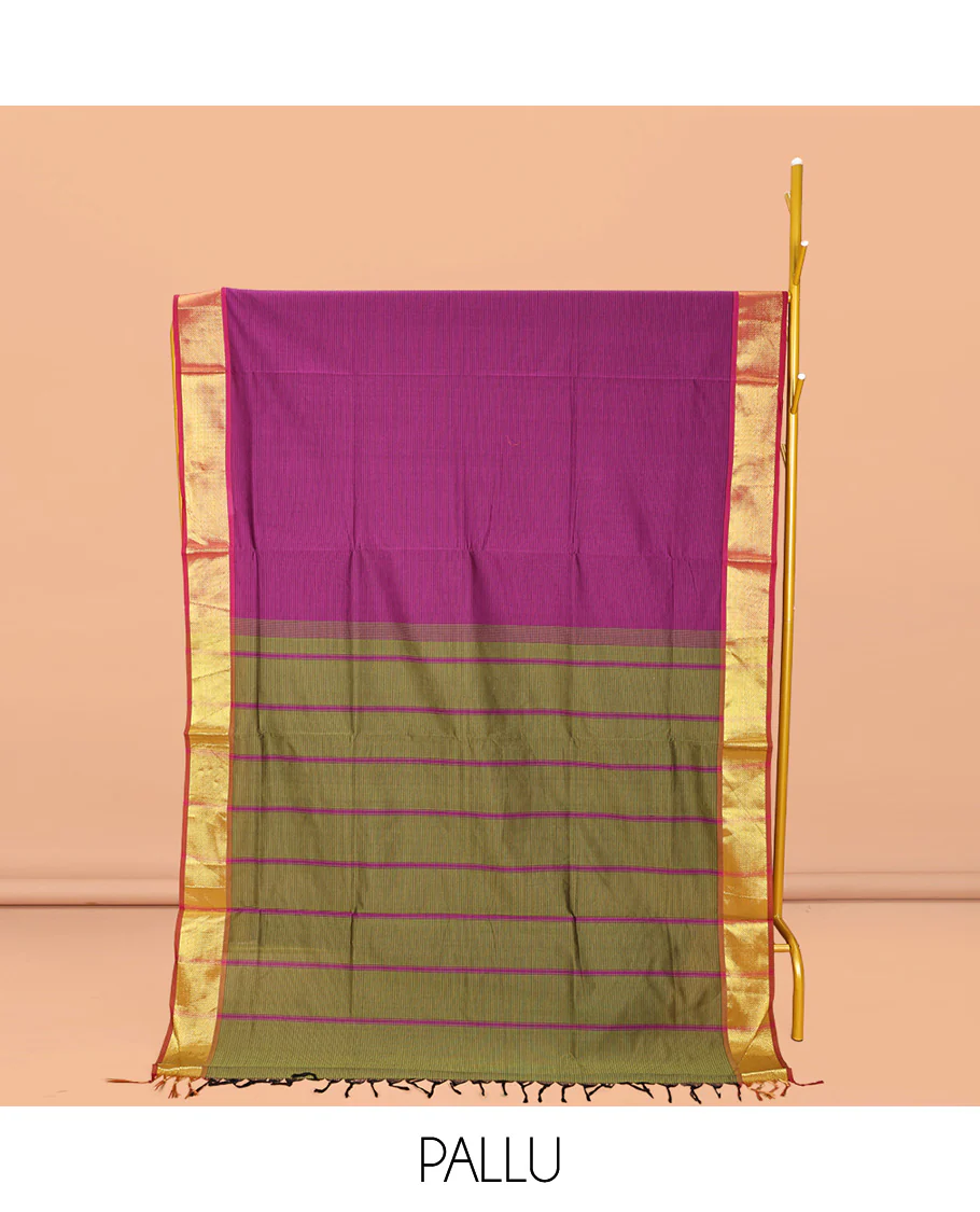 Purple Poly Cotton Saree, Sparsely Sparkled with Stripes On Its Body, Complemented by a Contrast Zari Border, Contrast Striped Pallu, and Paired with a Contrast Blouse - Image 2