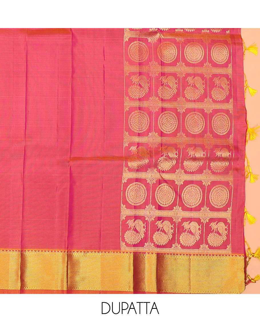 Purple Pure Silk Half-Saree Artfully Detailed with Zari Designs on its Skirt, Complemented by a Contrast Border Featuring Neli, Manga, Rekku, Rudraksham, And Mayil Kann, Comes with a Contrast Blouse and a Dhavani of Anna Chakram Designs - Image 5