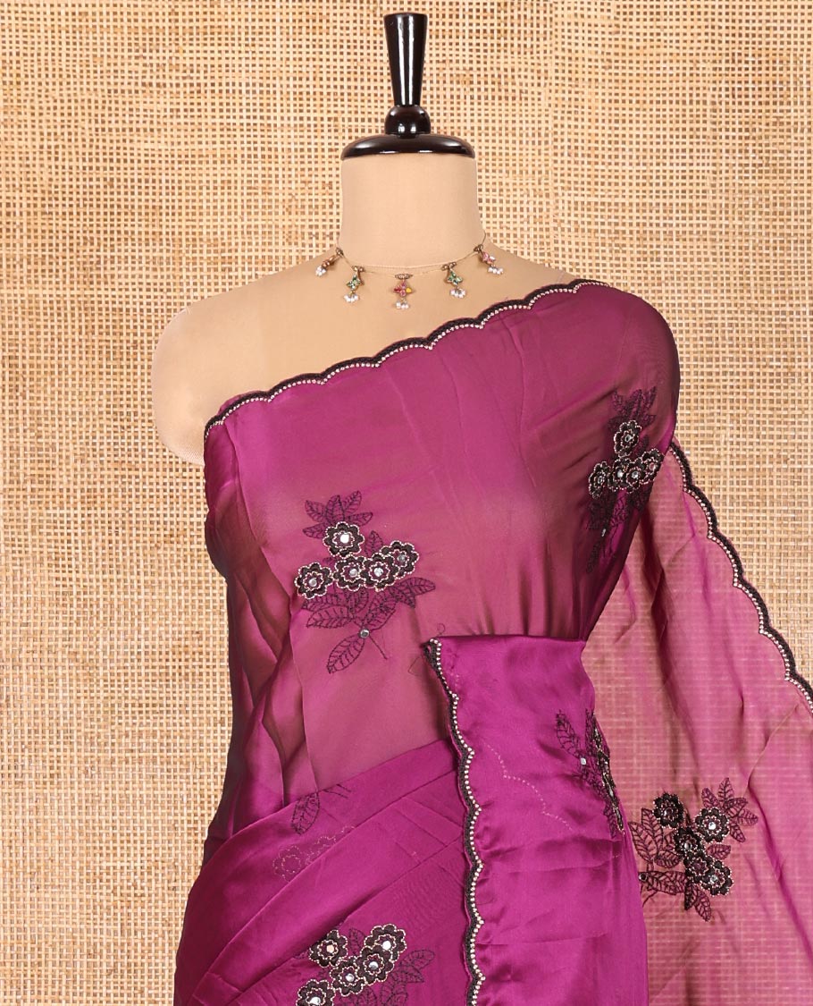 Purple Rangoli Chiffon Saree, Enriched with Flower-Style Motifs Embroidered on Its Body, a Subtle Scallop Embroidered Border, a Self-Pallu, and Paired with a Contrast Embroidered Blouse - Image 2