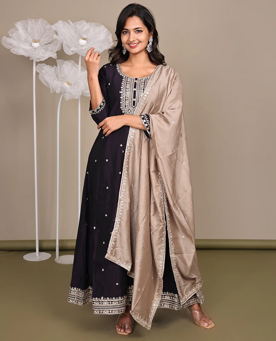 Purple Ready-Made Rayon Suit, Spotlighted with Embroidered Round-Neckline, 3/4 Sleeves, and an A-Line Top, Paired with Straight-Cut Pants and a Contrast Embroidered Dupatta - Image 2