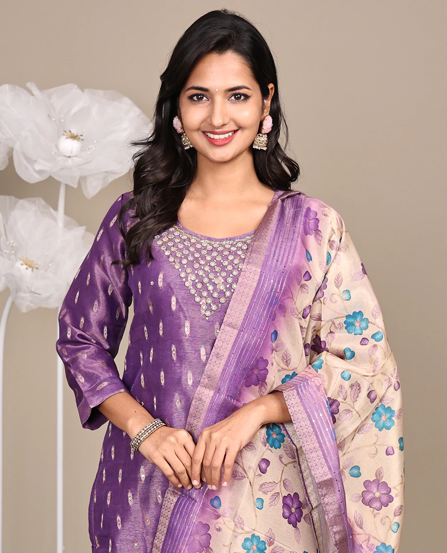 Purple Ready-Made Tissue Suit, Adorned with Embroidered Round Neckline, 3/4 Sleeves, and Straight-Cut Top, Paired with Straight-Cut Pants and a Contrast Floral Vine Printed Dupatta - Image 2
