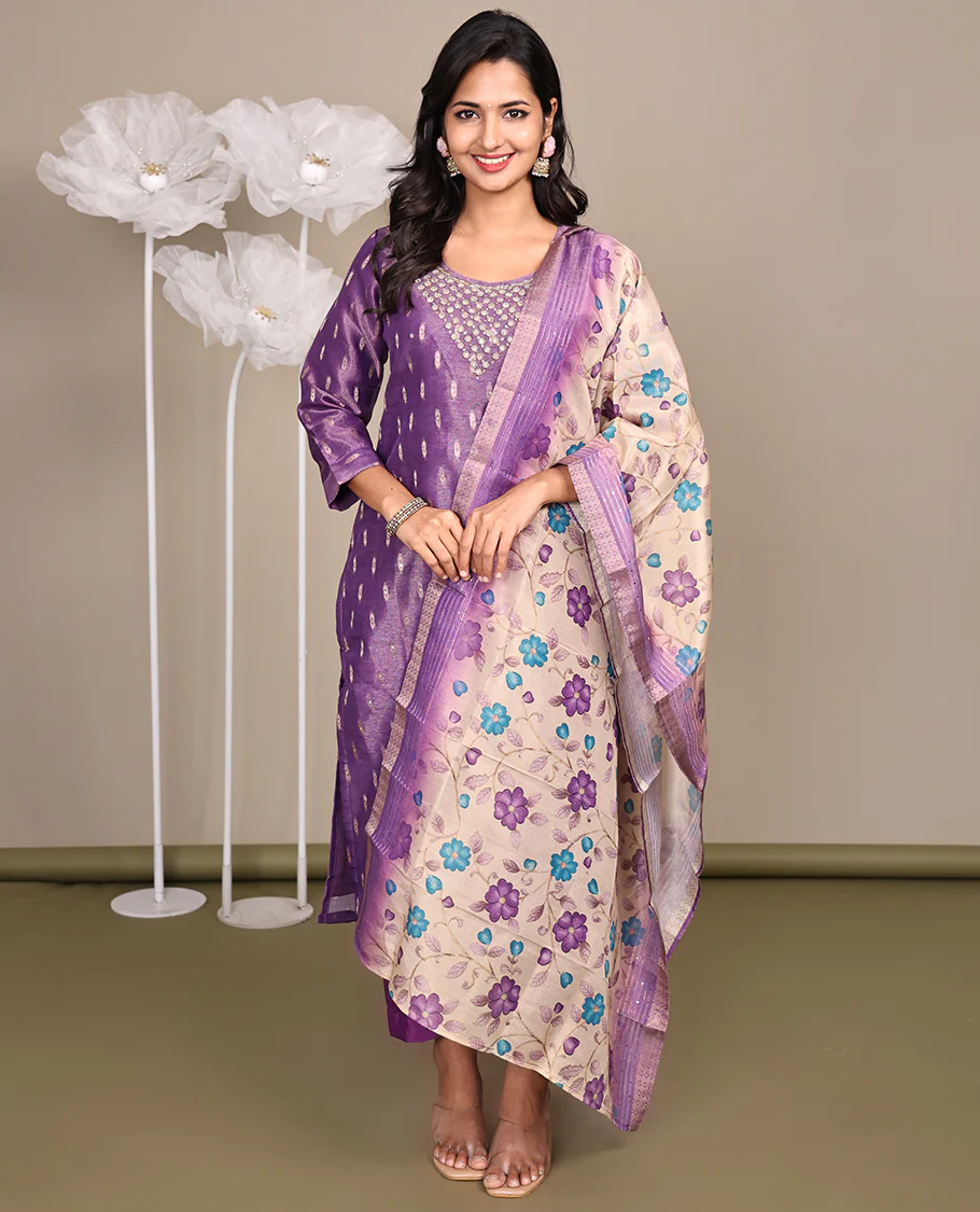 Purple Ready-Made Tissue Suit, Adorned with Embroidered Round Neckline, 3/4 Sleeves, and Straight-Cut Top, Paired with Straight-Cut Pants and a Contrast Floral Vine Printed Dupatta - Image 3