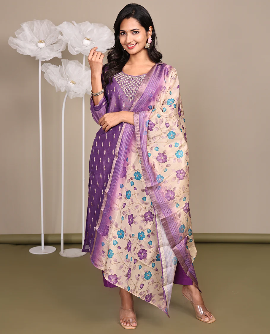 Purple Ready-Made Tissue Suit, Adorned with Embroidered Round Neckline, 3/4 Sleeves, and Straight-Cut Top, Paired with Straight-Cut Pants and a Contrast Floral Vine Printed Dupatta - Image 4