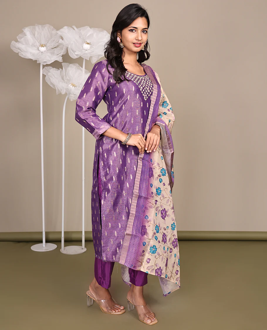 Purple Ready-Made Tissue Suit, Adorned with Embroidered Round Neckline, 3/4 Sleeves, and Straight-Cut Top, Paired with Straight-Cut Pants and a Contrast Floral Vine Printed Dupatta - Image 5