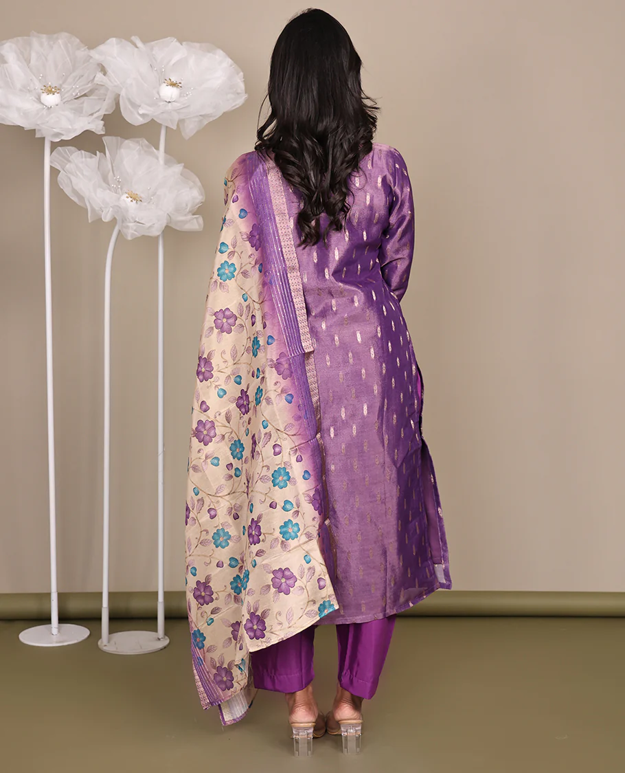 Purple Ready-Made Tissue Suit, Adorned with Embroidered Round Neckline, 3/4 Sleeves, and Straight-Cut Top, Paired with Straight-Cut Pants and a Contrast Floral Vine Printed Dupatta - Image 6