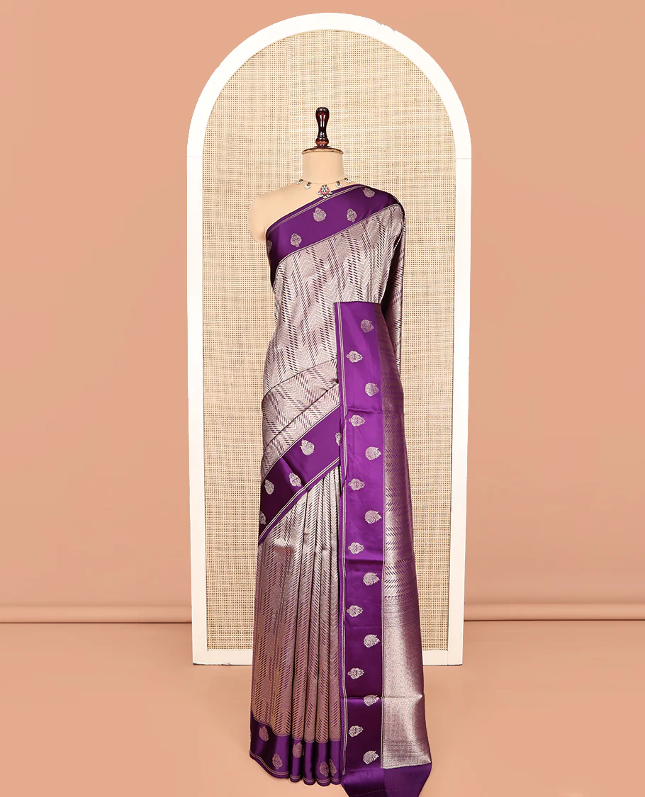 Purple Russian Dola Silk Saree, Meticulously Crafted with Zari Zig-Zag Jacquard on Its Body, Highlighted by Zari Buttas Woven Satin Border, Intricately Designed Pallu, and Paired with a Matching Blouse - Image 8